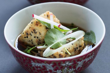 Agedashi sesame tofu with shiitake mushrooms