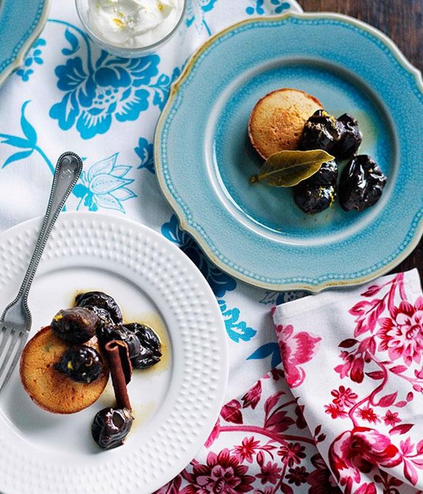 Agen prunes with thyme financières and orange and Cognac Chantilly 