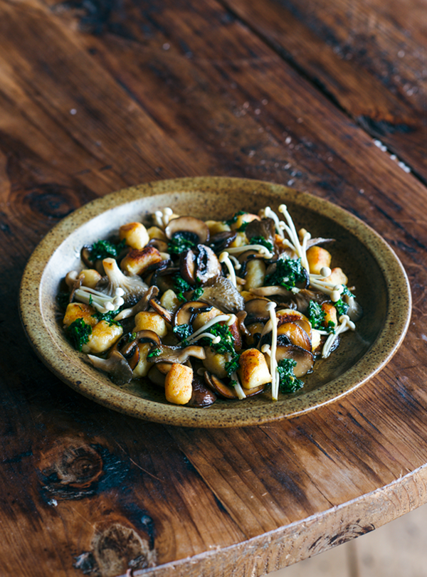 Agria gnocchi, mushrooms, anchovy salsa verde