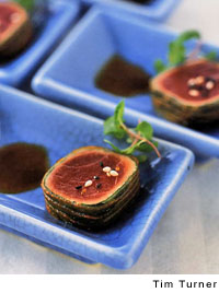 Ahi tuna cube with toasted black and white sesame seeds