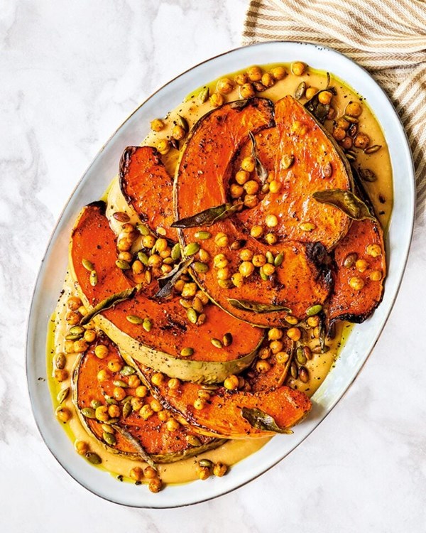 Air-fried pumpkin with creamy beans, crispy chickpeas and sage