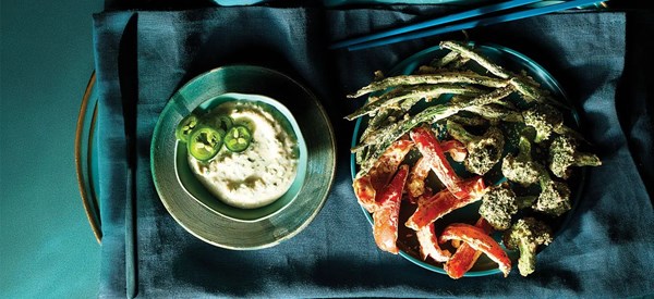 Air-fried tempura veggies with jalapeño-lime dipping sauce