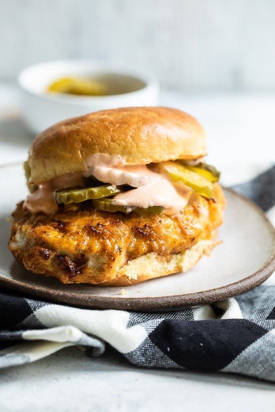 Air fryer chicken sandwich with Sriracha mayo