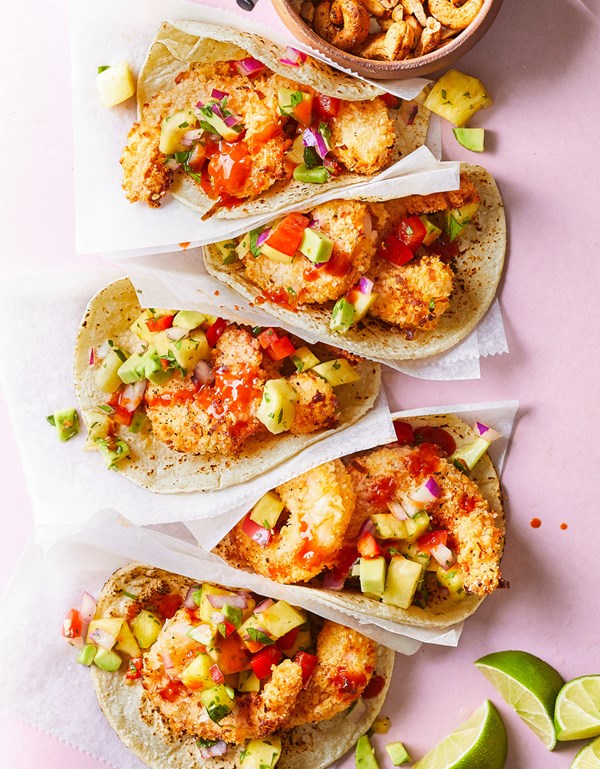 Air-fryer coconut shrimp tacos with pineapple-avocado salsa