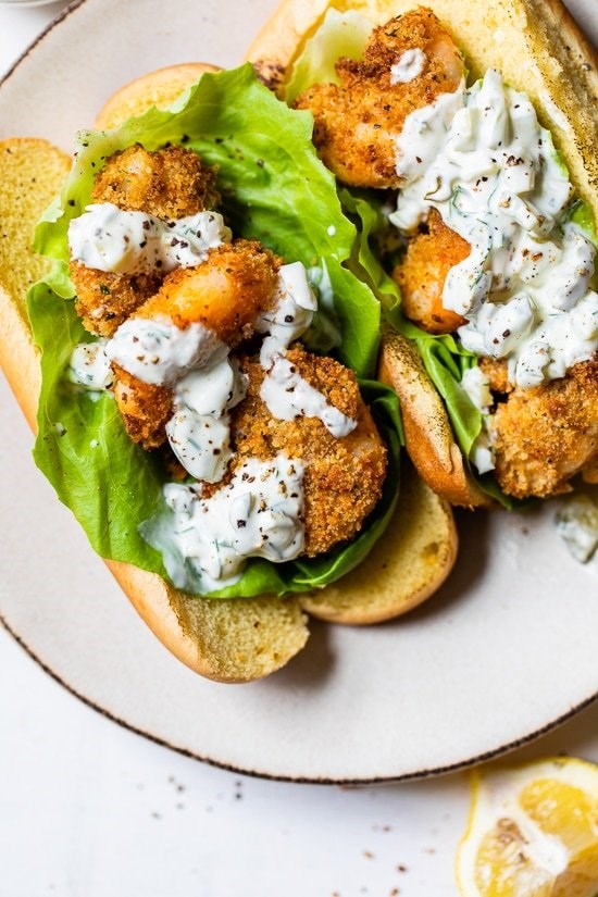 Air fryer fried shrimp sandwich with tartar sauce