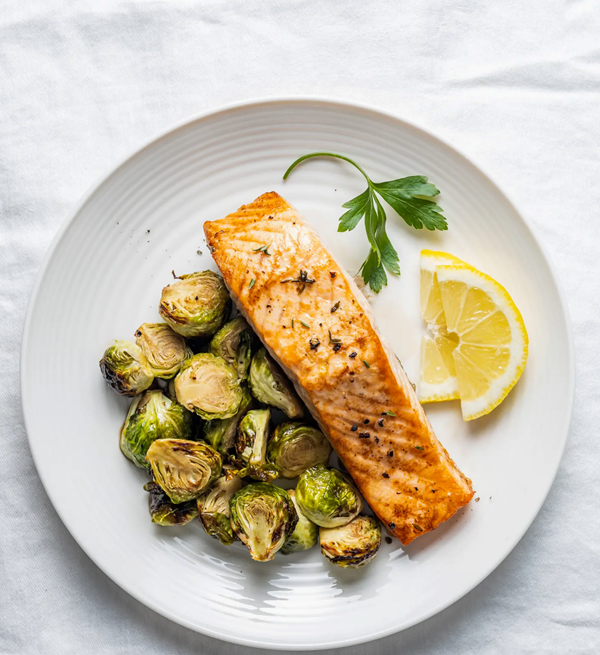 Air fryer salmon and Brussels sprouts