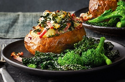 Air-fryer twice-baked potatoes with kale, ham & goat's cheese