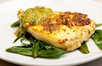 Ajowan, turmeric and coriander marinated Alaska halibut, mango nam prik