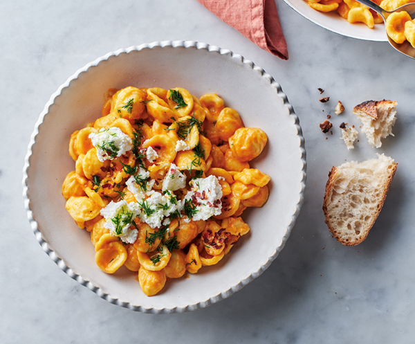 Ajvar orecchiette with ricotta and dill