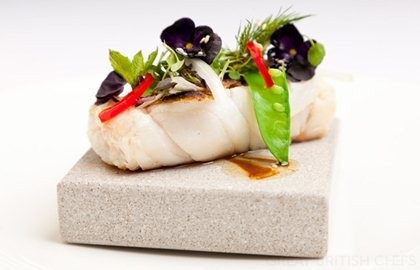 Alaska black cod with pea shoots, mint and Thai dressing