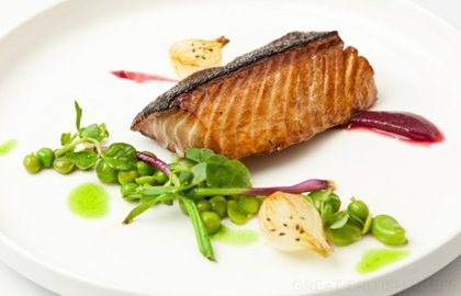Alaska black cod with red onion jam, peas and broad beans