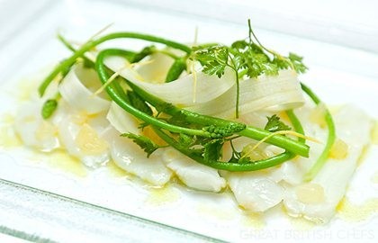 Alaska halibut marinated in lemon vinegar with asparagus and chervil salad