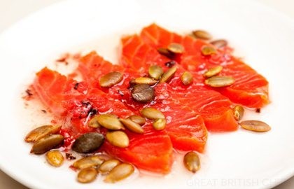 Alaska salmon sashimi, umeboshi and argan oil dressing, toasted pumpkin seeds
