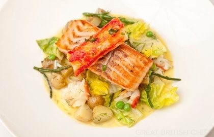Alaska salmon with braised lettuce, potatoes, samphire and Alaska king crab