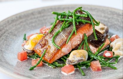 Alaska salmon with samphire and mussels