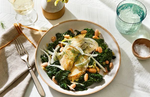 Alaska sole with white beans & garlicky greens