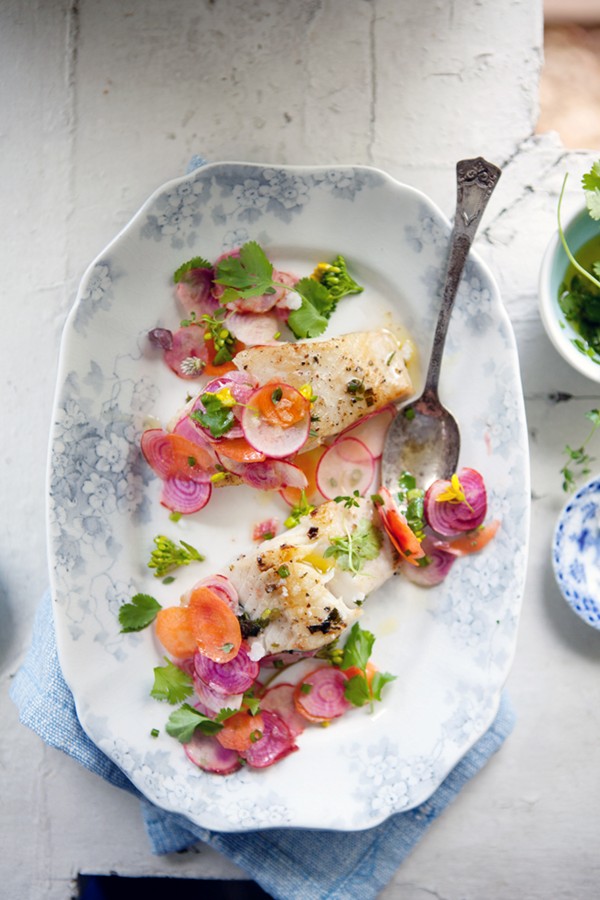 Alaskan black cod with a raw salad of beets, carrots and radishes