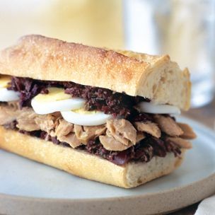 Albacore tuna, hard-boiled egg, and tapenade sandwiches