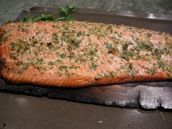 Alder-planked salmon with fresh herbs