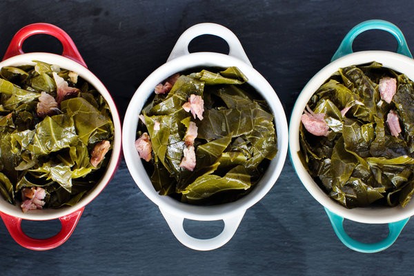 Ale-braised collard greens with smoked ham hock