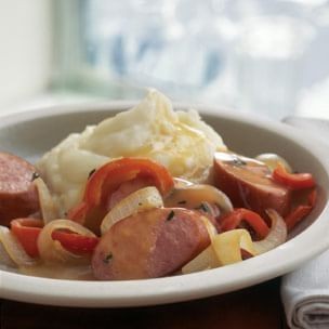 Ale-braised sausages with bell peppers