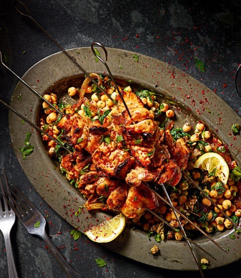 Aleppo chilli-marinated chicken kebabs with sweet shallot and chickpea salad