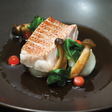Alfonsino with pea leaves, beech mushrooms, kohlrabi, radish & sake broth