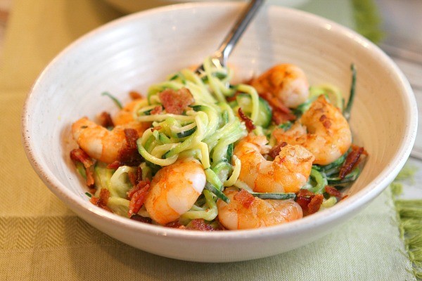 Alfredo zoodles with shrimp and bacon