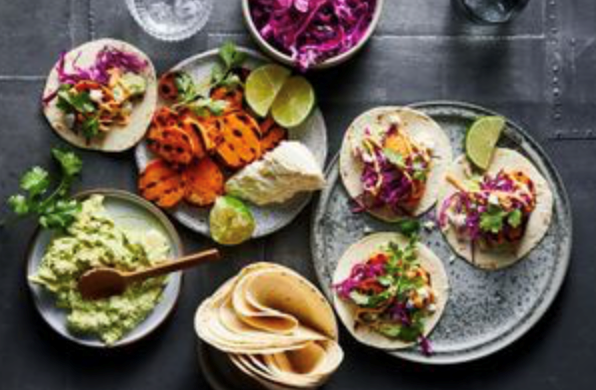 Alice Zaslavsky's grilled sweet potato tacos with tangy guac, 'quickled' red cabbage, spicy mayo and queso fresco