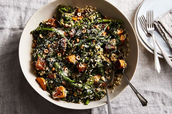 All-in-one sheet-pan brown rice with sweet potato and broccoli rabe