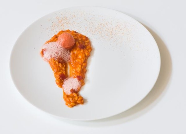 'All tomato' - risotto with tomato sauce, tomato sorbet, tomato foam, tomato confit and tomato powder 