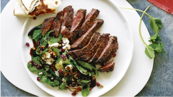 Allspice beef with cucumber, feta and pomegranate salad