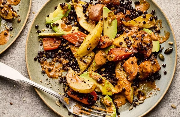 Almond & chipotle dressed roasted roots and black lentils 