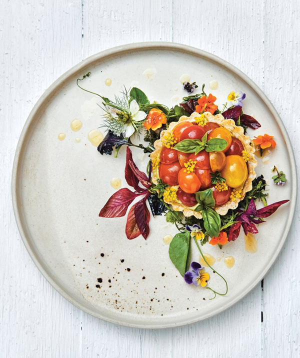 Almond & hazelnut tart shells, herbed hazelnut dip, marinated tomatoes, garden herbs