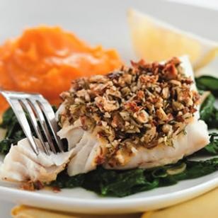 Almond-&-lemon crusted fish with spinach