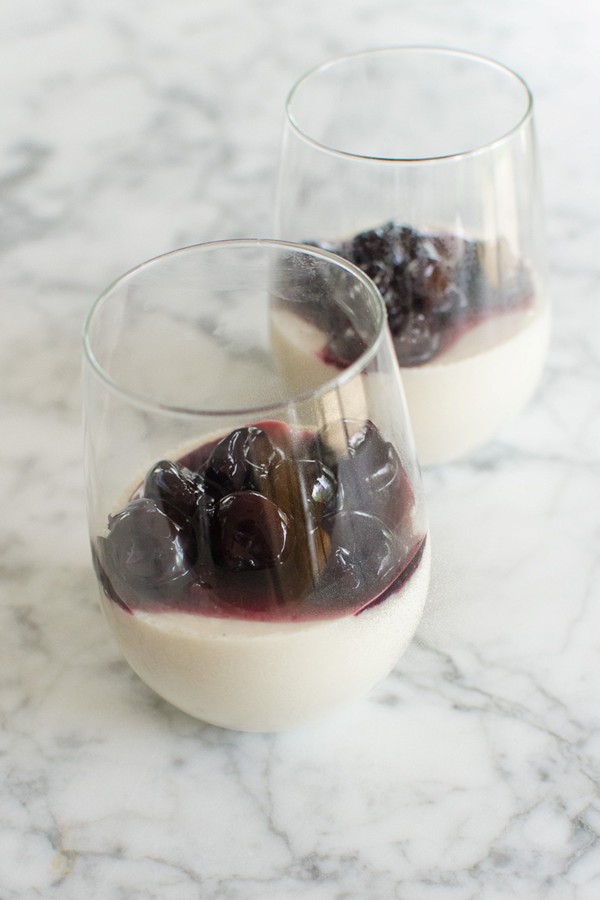 Almond-Amaretto panna cotta with brandied cherries