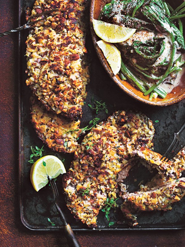 Almond and haloumi crumbed schnitzels with creamed spinach