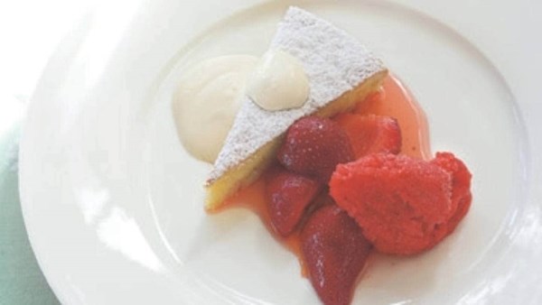 Almond and lemon cake with macerated strawberries, strawberry granita and clotted cream