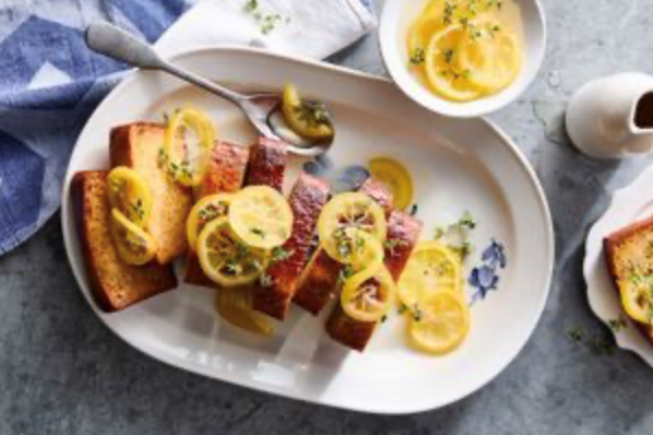 Almond and olive oil cake with poached lemons