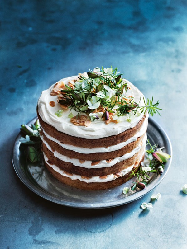 Almond and orange blossom layer cake with vanilla ricotta icing