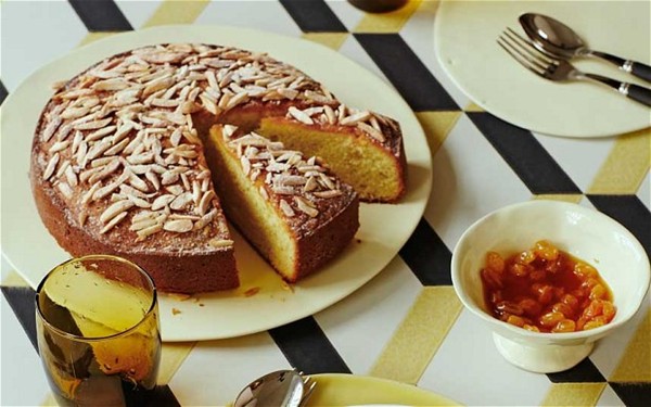 Almond and saffron cake with golden-raisin syrup
