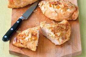 Almond-apricot chicken with mint pesto