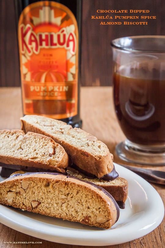 Almond biscotti made with Kahlúa pumpkin spice and dipped in chocolate