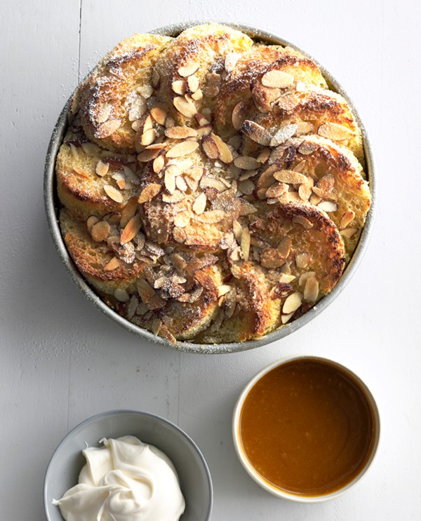 Almond bread pudding with salted caramel sauce
