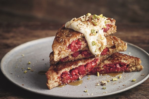 Almond butter and smashed raspberry stuffed vegan French toast