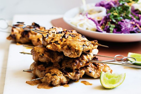 Almond butter chicken satay with Asian slaw