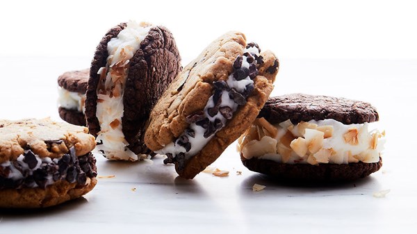 Almond butter-chocolate chip cookie and orange ice cream sandwiches