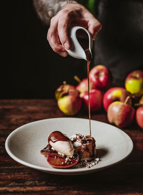 Almond cake, roasted apples, brown butter & brandy sauce