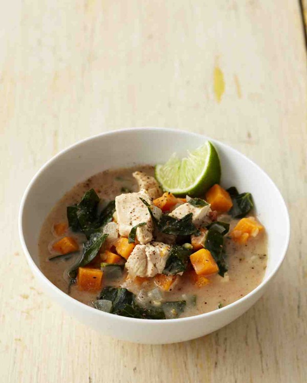 Almond chicken soup with sweet potato, collards, and ginger