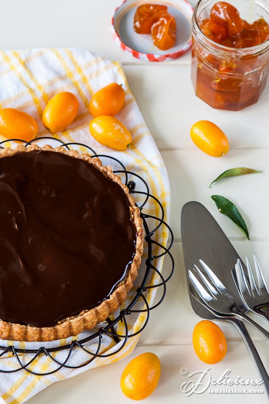 Almond, chocolate and cumquat tart with candied cumquats